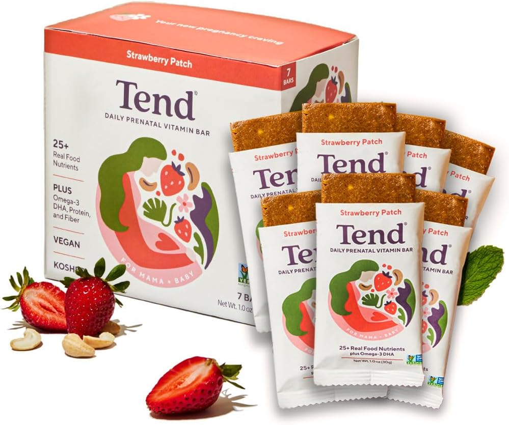 Tend Daily Best Prenatal Vitamin Bar, Realizzato con ingredienti biologici per le madri incinte e postpartum, Include DHA, Vitamina D, B, Choline, Folate, Lecitina di girasole - Patch di fragole (7ct)