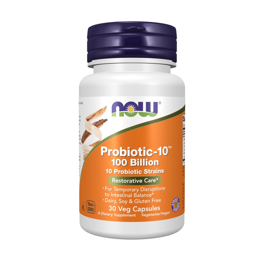 NOW Integratori alimentari, Probiotic-10TM, 100 miliardi, con 10 Strains Probiotici,Giorno, Soia e Gluten Free, Strain Verified, 30 capsule di Veg