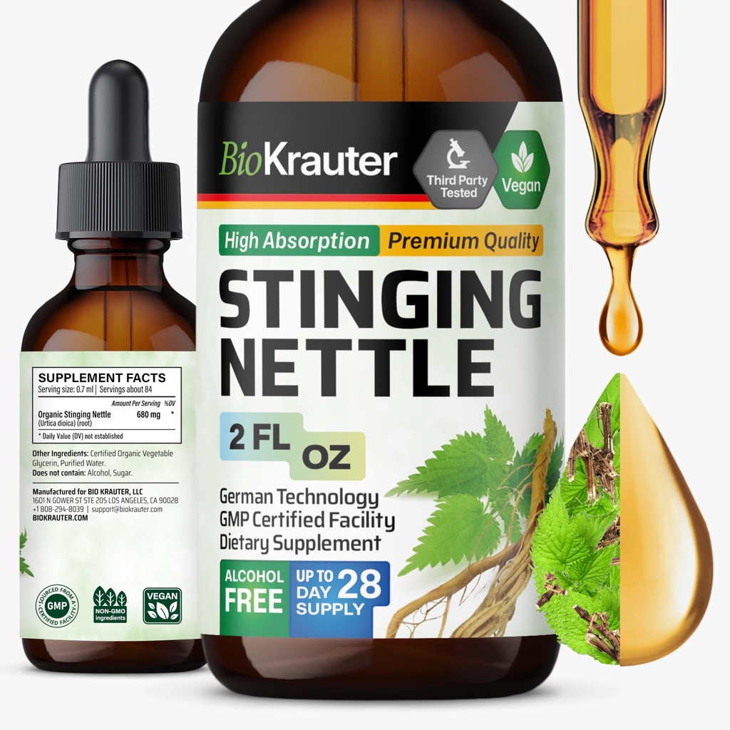 BIO KRAUTER Sting Nettle Tincture - Nettle Root Extract Liquid - Urinary Support Supplement - Urtica Dioica Natural Extract - Vegan, Sugar & Alcohol Gocce libere 2 Fl.Oz.
