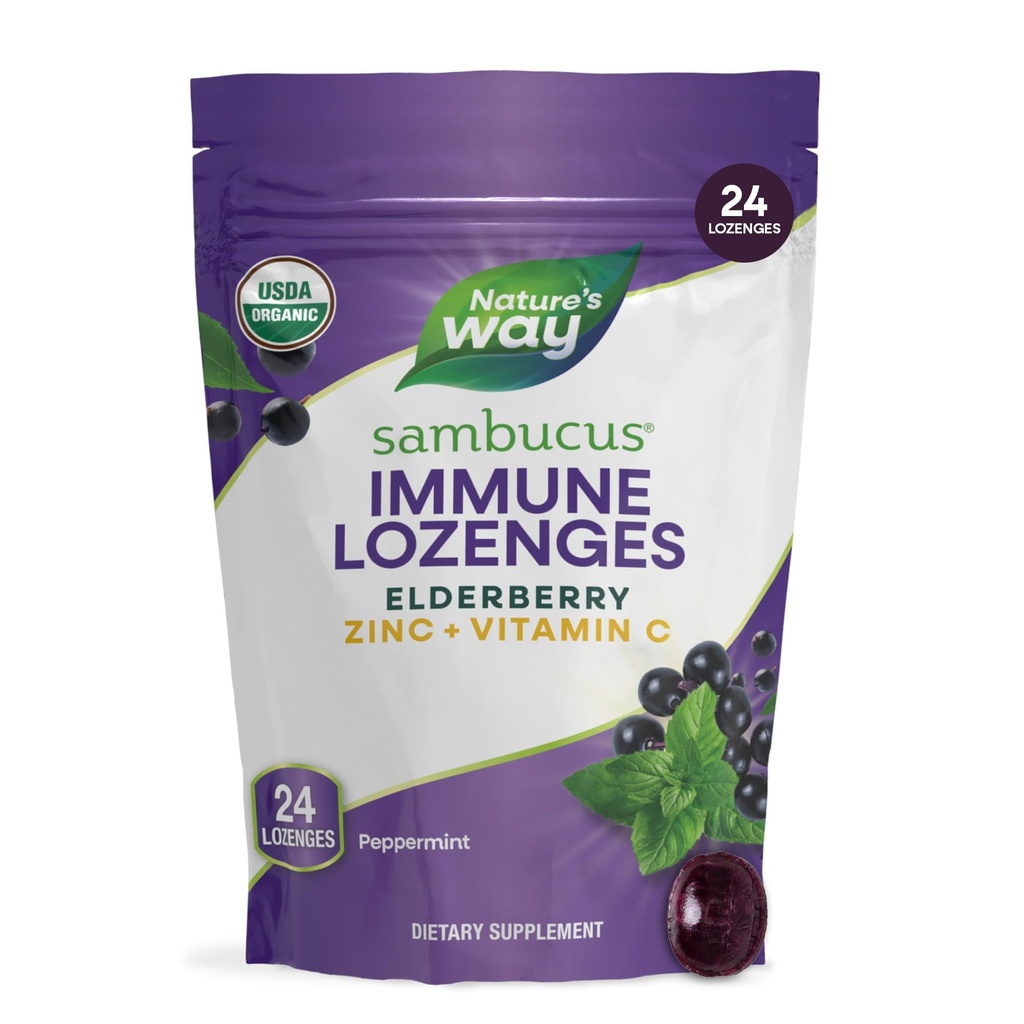 La via della natura Sambucus Zinc Lozenges con Elderberry e Vitamina C, Menta piperita aromatizzata, 24 Lozenges