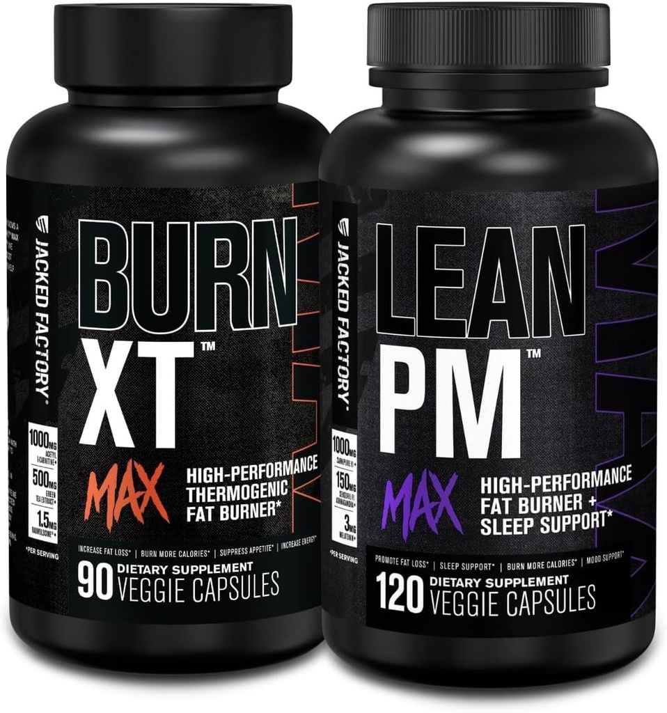 Jacked Factory Burn-XT Max - termogenic Fat Burner & Appetite Suppressant (90 capsule) & Lean PM Max Perdita di peso ad alta efficienza, Fat Burner, & Appetite Suppressant (120 capsule)