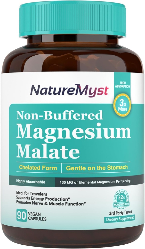 Magnesio Malato, Forma Chelata, Altamente Assorbibile, Non-Bufferato, Gentle su Stomach, Per Adulti & Bambini, Dose Flessibile, Produzione Energetica, Nerve & Funzione Muscolare, 90 Capsule Vegan