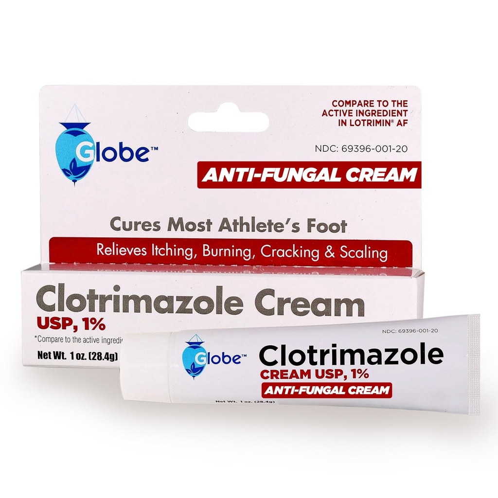 Globo Clotrimazolo Antifungal Crema 1% USP (1 oz), Anti Fungal Trattamento, Allevia prurito, Bruciando, Cracking e Scaling Athletes associato Piede, Jock Itch, Ringworm e altro ancora