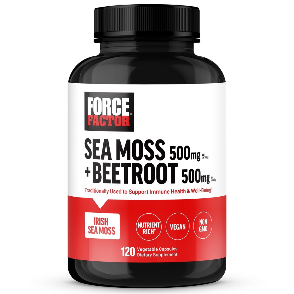FORCE FACTOR Irish Sea Moss + Beet Root Supplemento per sostenere l'immunità, la circolazione, l'energia naturale, la salute del cuore, con antiossidanti, non OGM, Vegan-Friendly, Soy-Free, 120 capsule vegetali