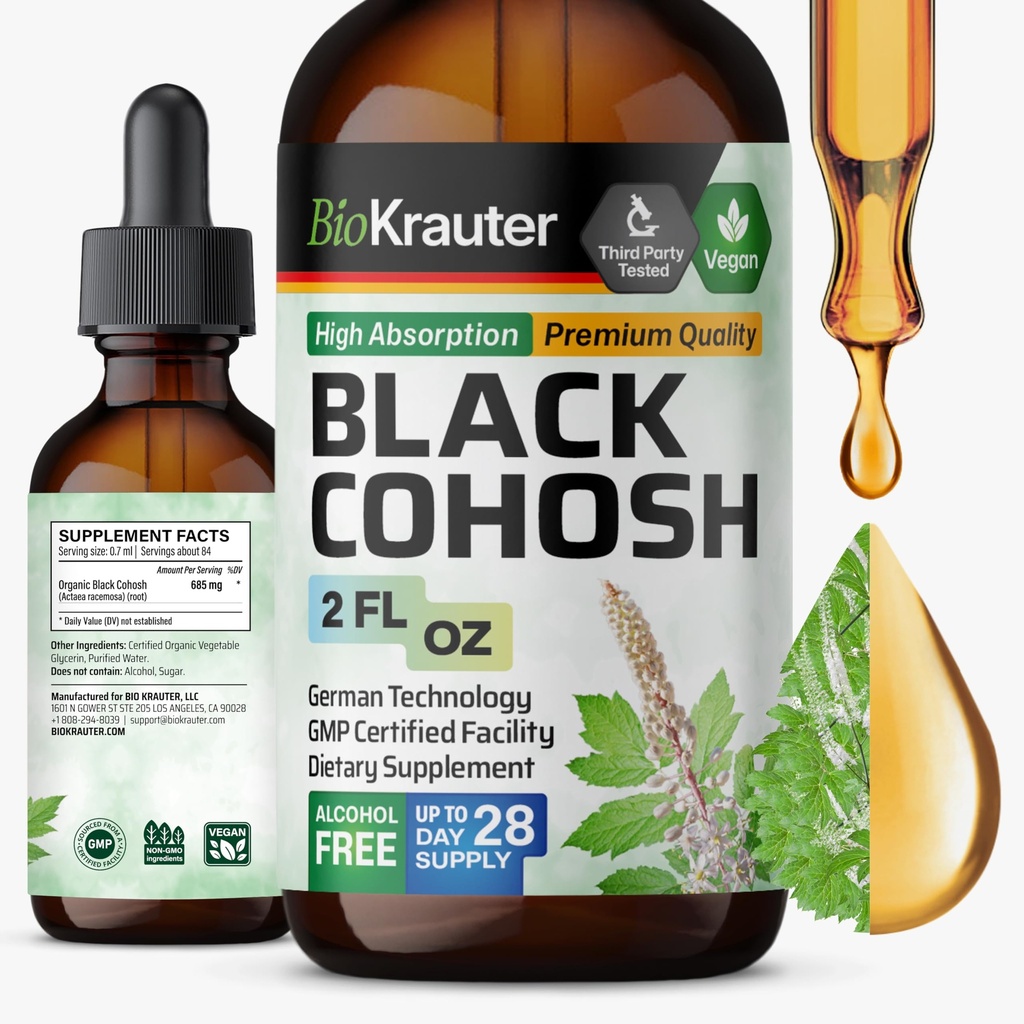 BIO KRAUTER Black Cohosh Root Tincture - Vegan Black Cohosh Supplements Women Support - Alcol e Sugar Free - 2 Fl.Oz.