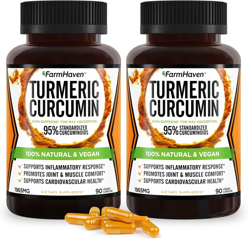 Curcuminoide curcuma con BioPerine Black Pepper & 95% Curcuminoids, Assorbimento massimo per il supporto congiunto, Capsule erboriche non OGM, Made in USA - 180 Veg Caps