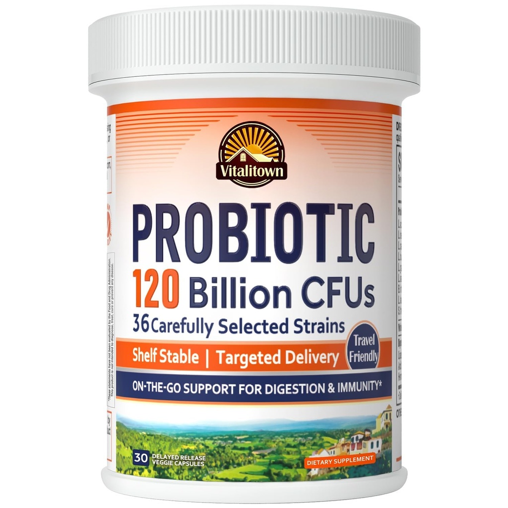 Vitalitown Probiotici 120 miliardi di CFU, 36 Strains, Prebiotici, Enzimi Digestivi per Donne Uomini, Rilascia ritardato, Scaffale stabile, Sul Go Digestive Support, 30 Caps Veg