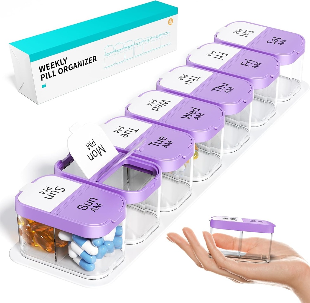 Odaro Extra Large Weekly Pill Organizer 2 volte al giorno, Pill Box 7 giorni Am Pm per tenere la vitamina e supplementi di medicina quotidiana - Viola