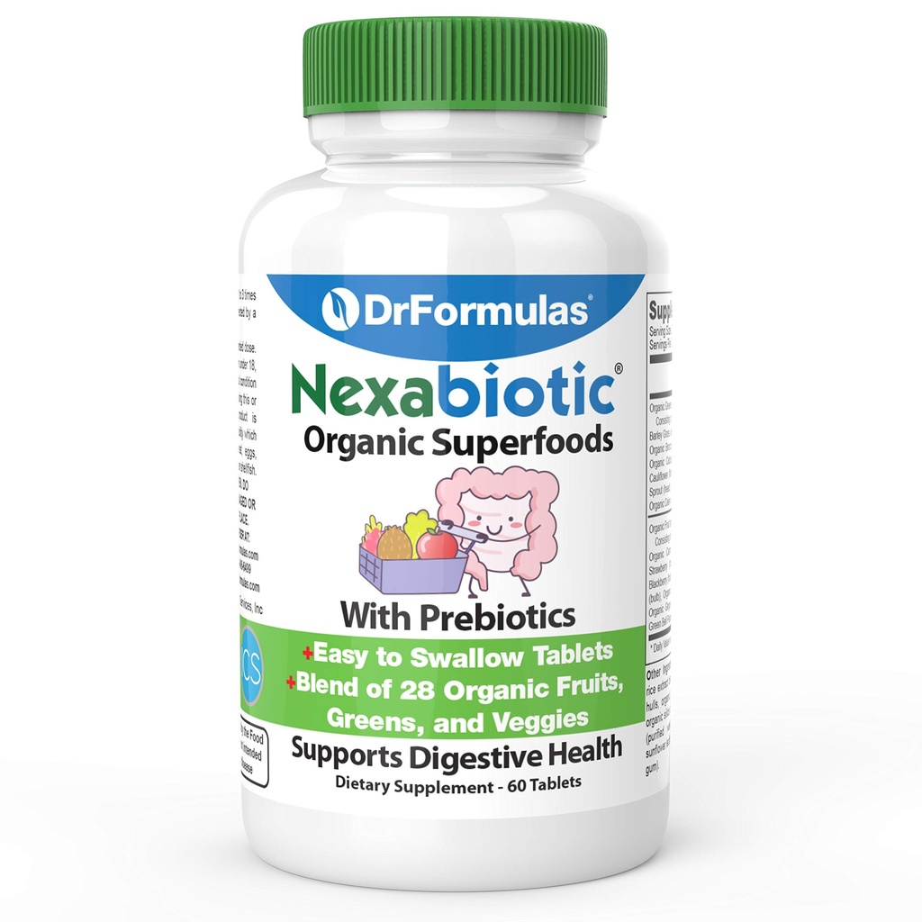 DrFormulas Organic Prebiotic Fiber for Constipation Relief | Nexabiotic Superfood Tabs for Probiotic Digestive Health, 60 compresse