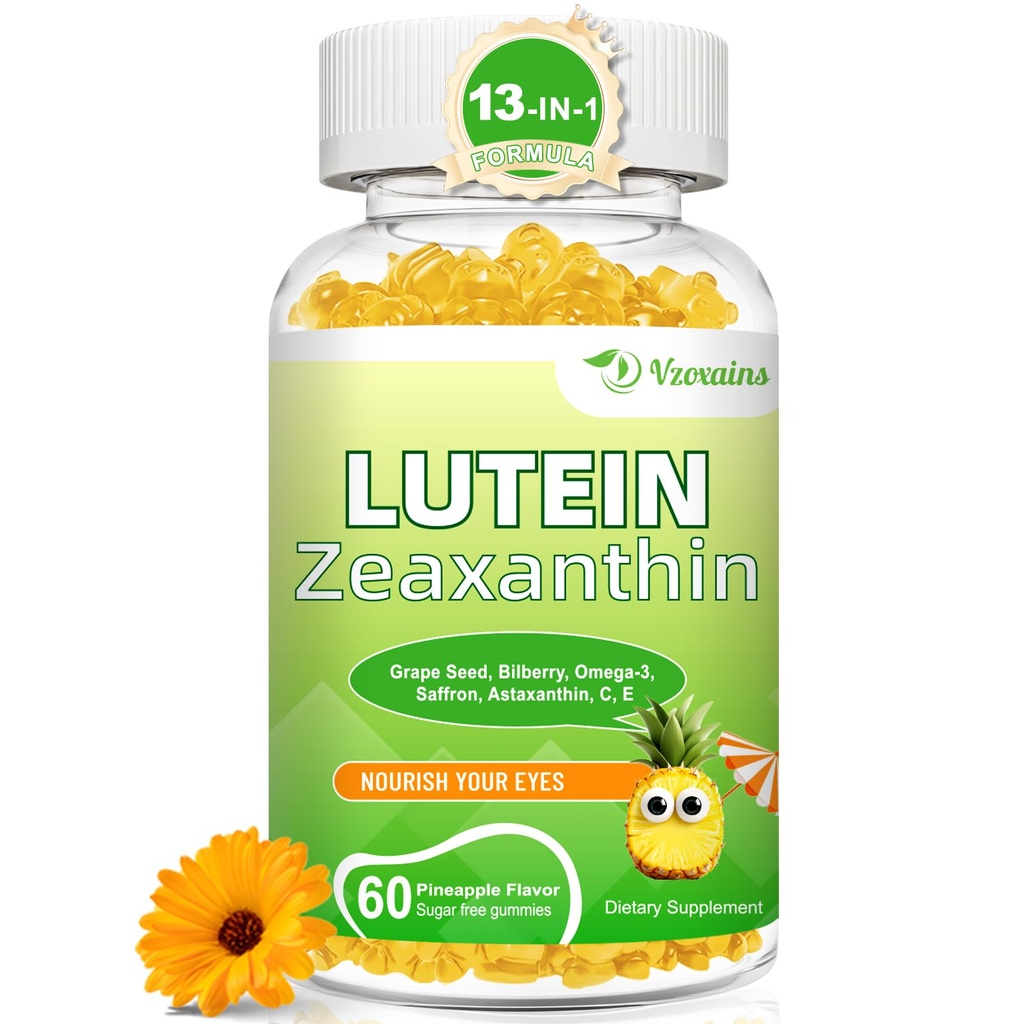 Lutein 20 mg con Zeaxanthin Gummies, Lutein e Zeaxanthin Supplementi con le vitamine dell'occhio C, E, Bilberry for Eye Health - 60Cts