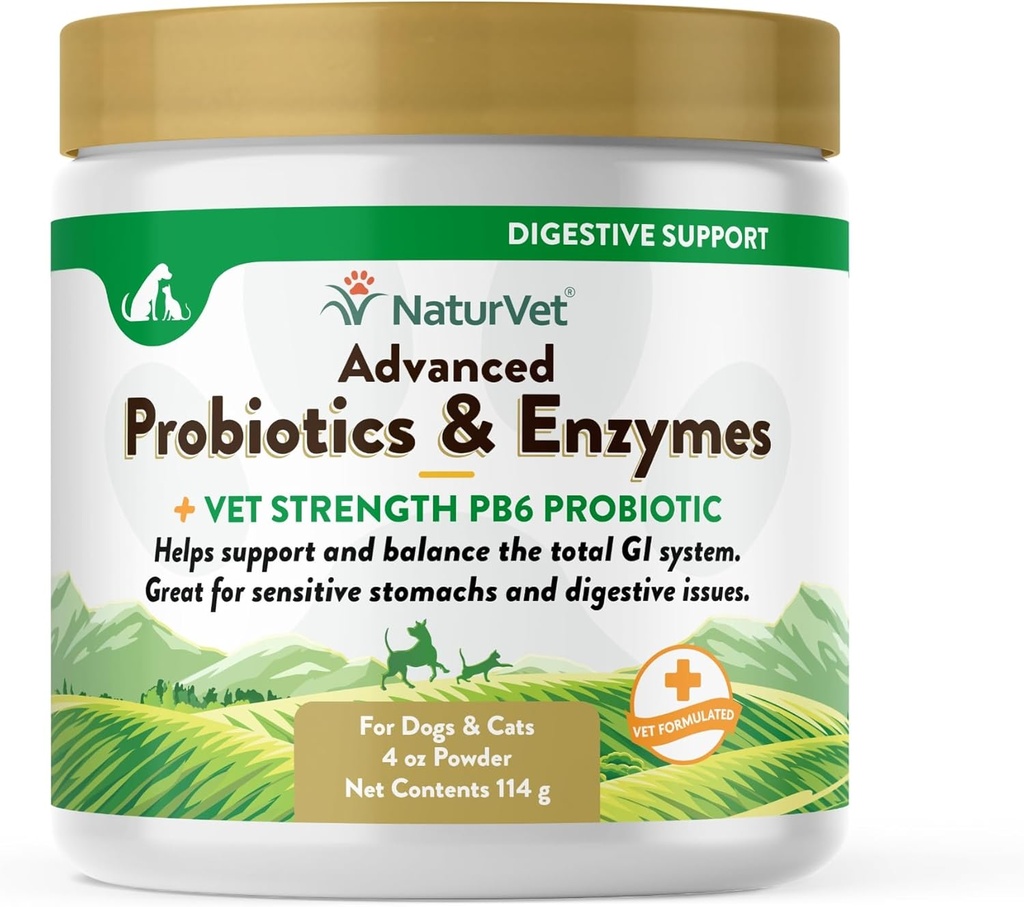 NaturVet – Probiotici Avanzati & Enzimi - Plus Vet Strength PB6 Probiotic | Supporti e Bilancia Animali domestici con Stomach Sensibili & Digestive Issues | per Cani & Gatti (4 oz)
