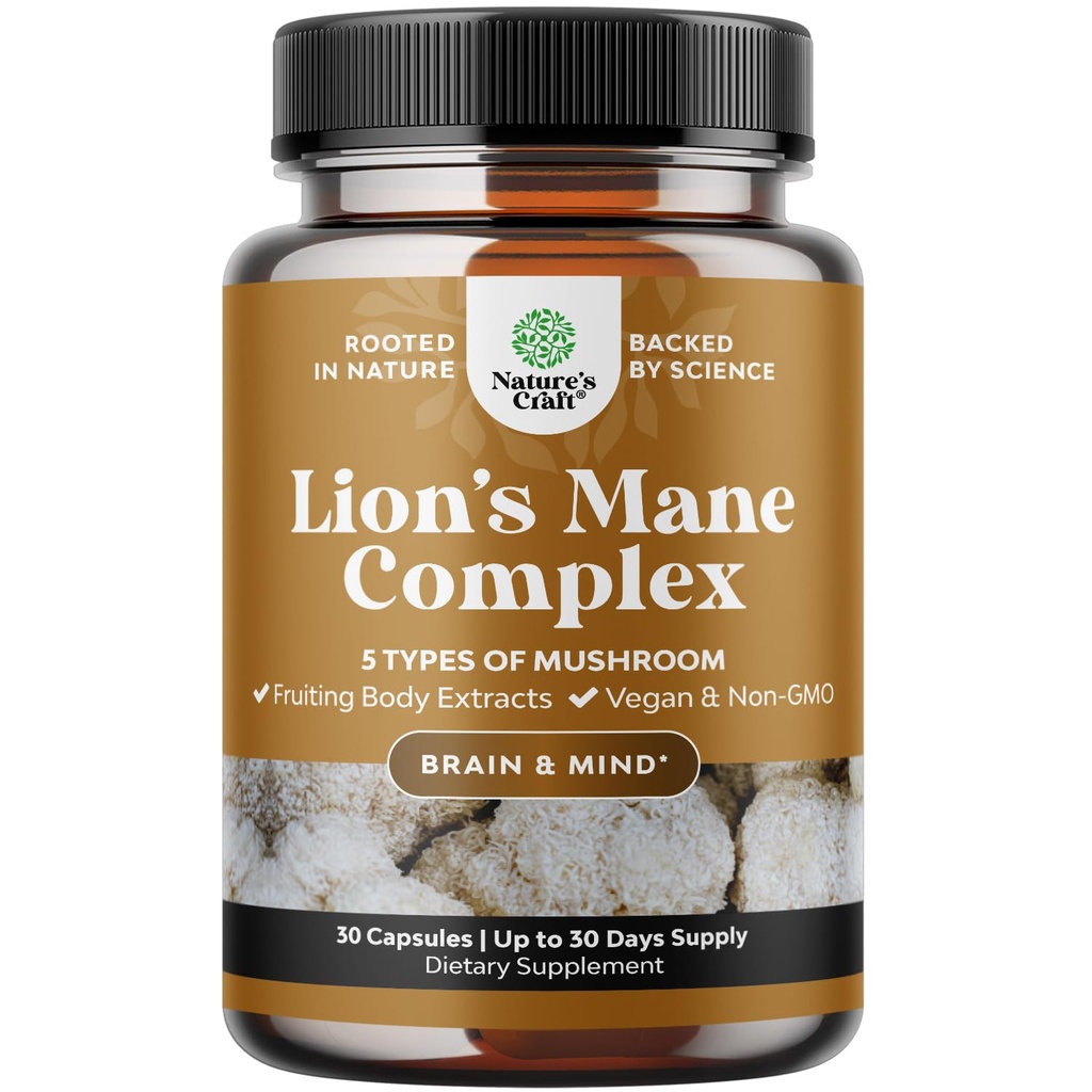 Advanced Lion's Mane Mushroom Supplement - Lions Mane Supplement Capsule con Reishi, Chaga, Maitake & Shiitake per il supporto della memoria della salute del cervello & Focus - Nootropic for Mental Clarity - 30 Caps