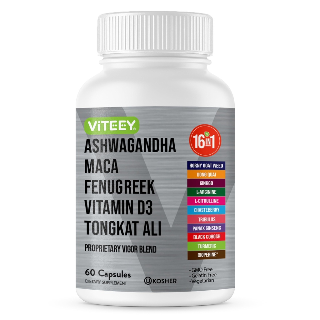 Viteey Ashwagandha Maca Fenugreek Supplemento con Tongkat Ali – Guida, Passion & Energy Support per Uomini & Donne – Mood, Calm & Stress Support - 60 Capsule