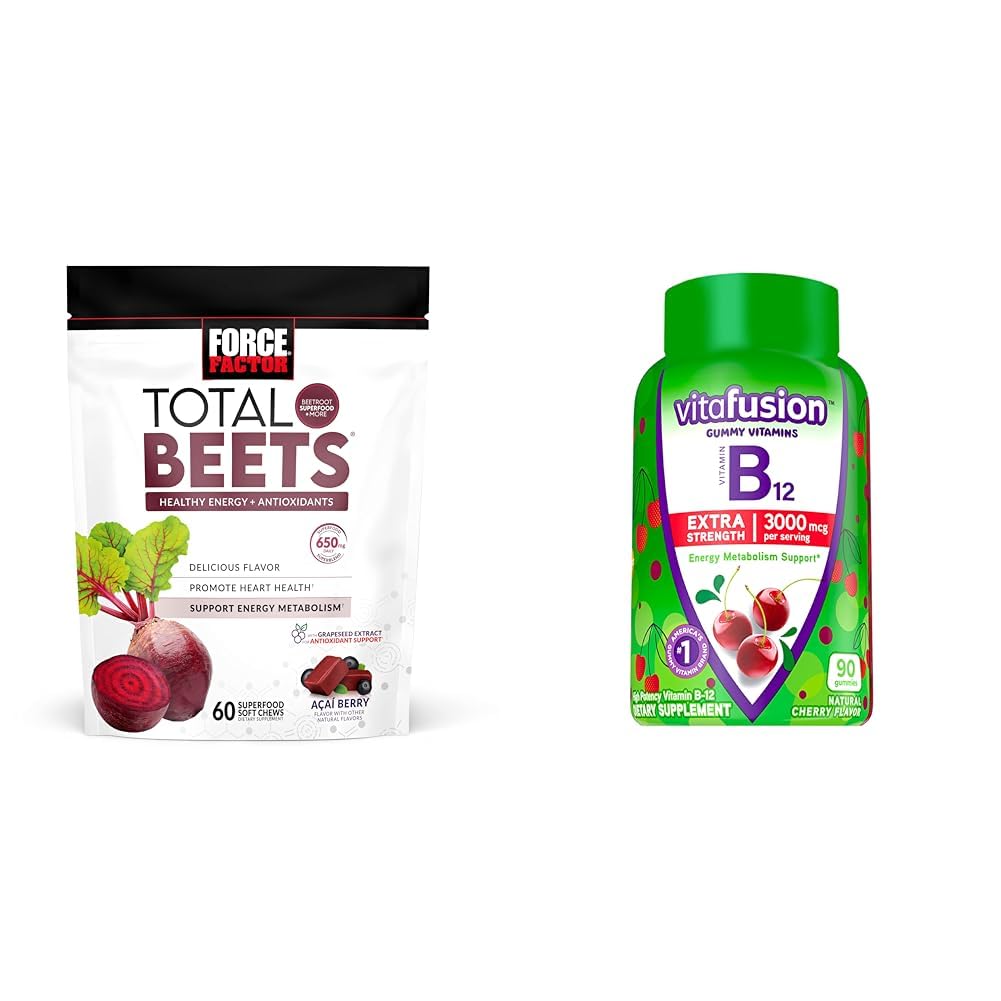 Fattore di Forza Total Beets Chews con Beetroot & Grapeseed Extract Plus Vitafusion B12 Gummies, 90 Conte Cherry Flavor