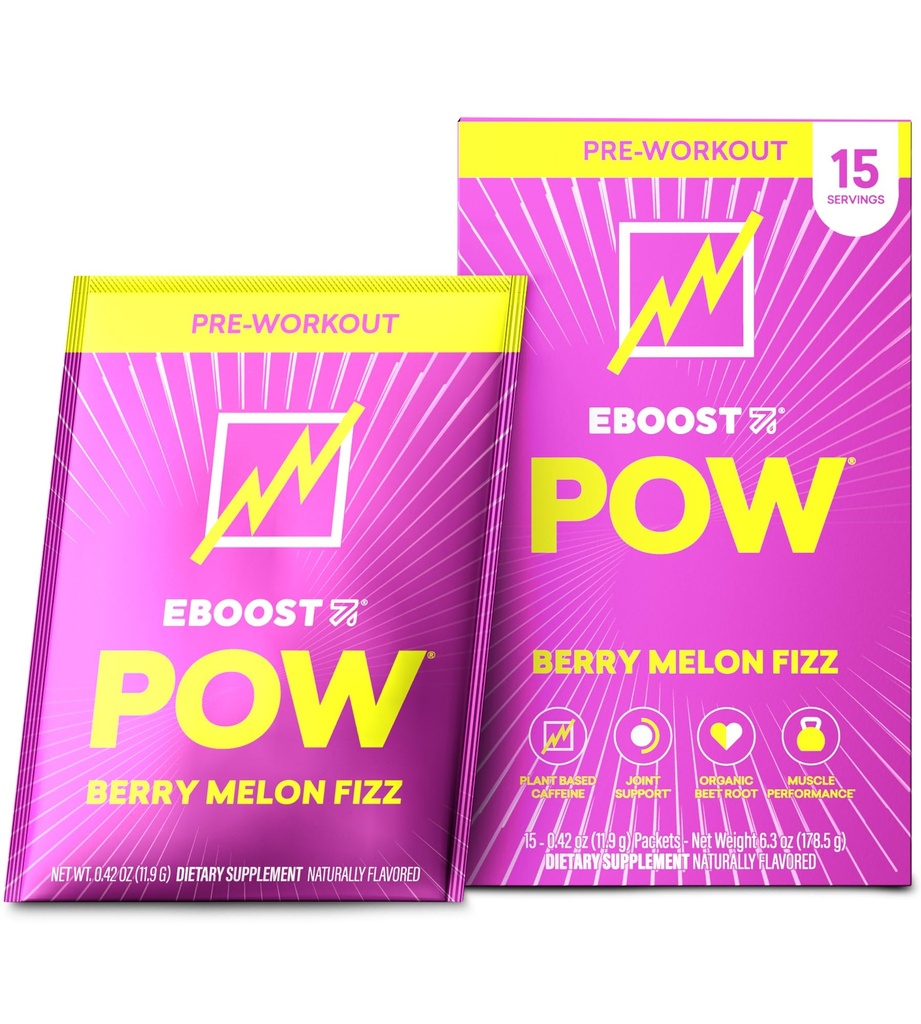 Polvere naturale pre allenamento EBOOST POW - 15 pacchetti, bacca Melon Fizz - Preworkout Energy Booster Gym Supplement Drink Mix per uomini e donne - Performance, Joint Mobility Support - senza glutine