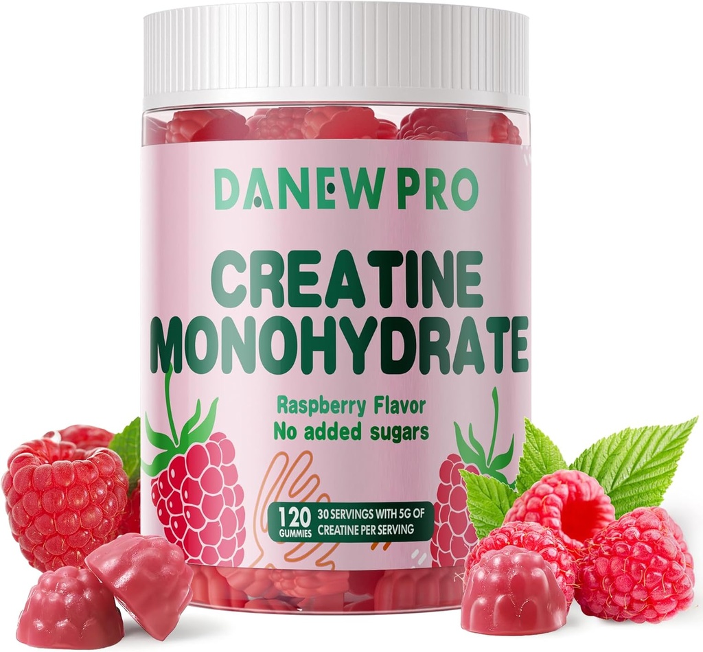 Creatina Monoidrato Gummies per Uomini & Donne-5g di Creatina Monoidrato per Serve - Zucchero Libero,Vegan, Raspberry Flavor, 120 Conte