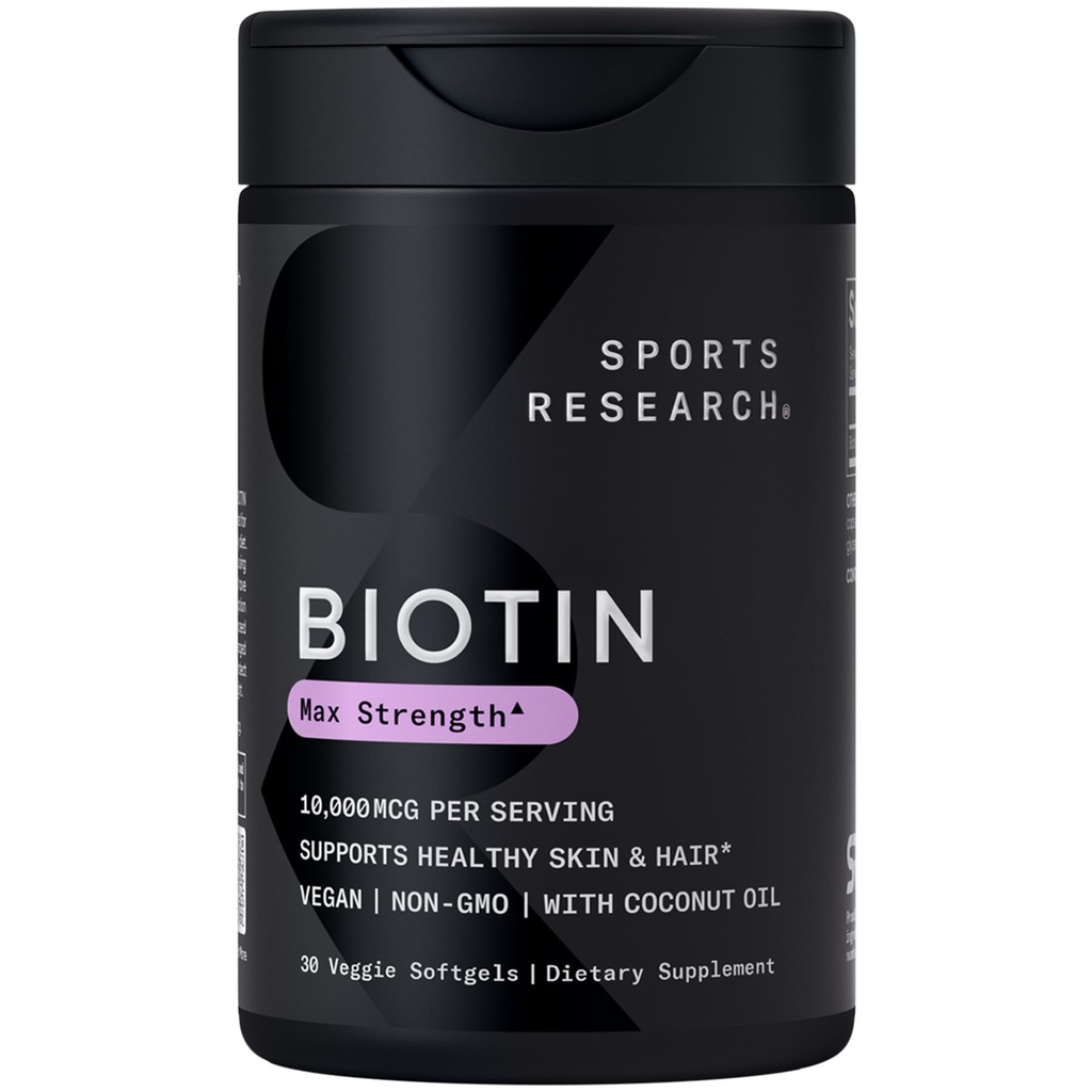 Sport Research® Biotin 10.000mcg con olio di cocco biologico - Biotina (Vitamina B7) per la pelle sana e il supporto dei capelli* - per le donne e gli uomini - Vegan, Non OGM, Gluten & Soy-Free - 30 Veggie Softgels
