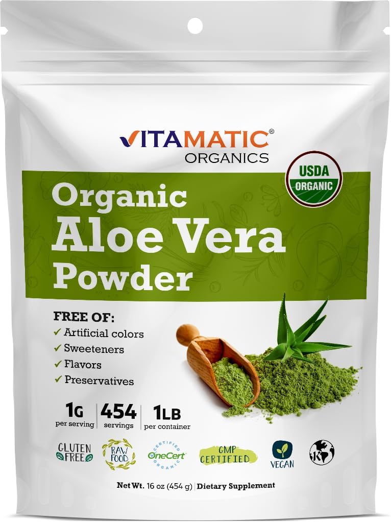 Vitamatic Certified USDA Organic Aloe Vera Powder – 1 lb (16 oz) Supporta pelle, digestione, Detox & Immune Health | Non-GMO, Gluten-Free, Kosher