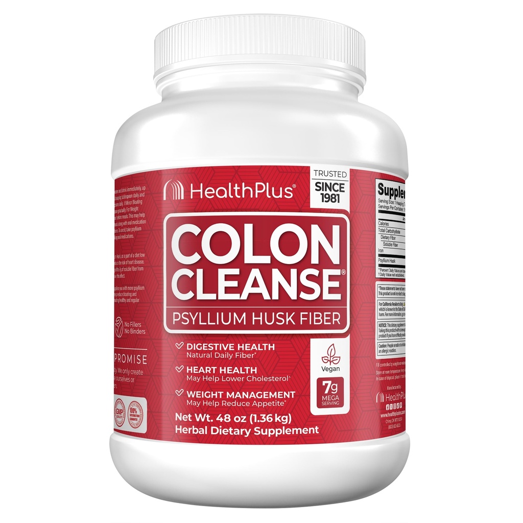 Health Plus Colon Cleanse Digestive Support | Tutte le fibre giornaliere naturali per l'eliminazione della tossina Per ridurre il blocco | Supporta la salute del cuore | 48 once, 194 Serve