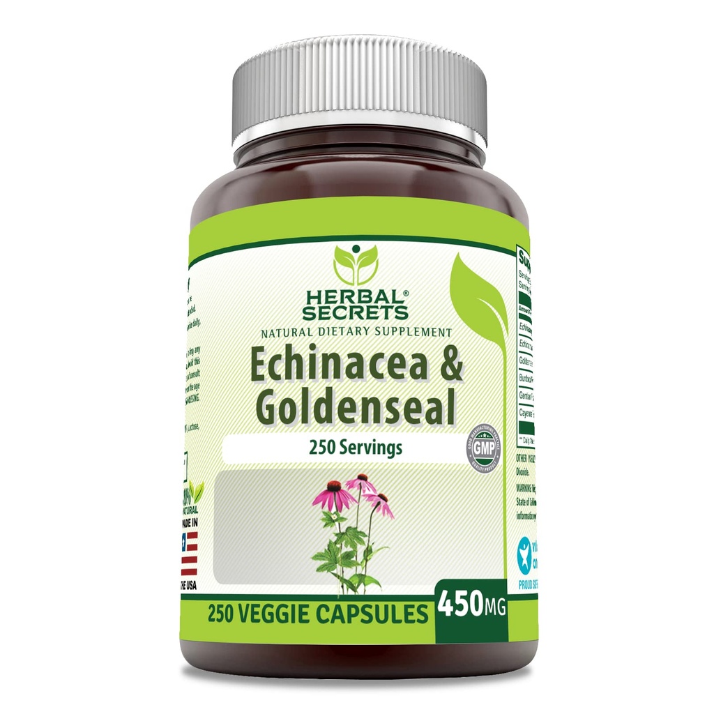 Herbal Secrets Echinacea & Goldenseal Root Supplement | 450 Mg Per Serving | 250 Veggie Capsule | Non-GMO | Gluten-Free | Made in USA (250 Veggie Capsules)