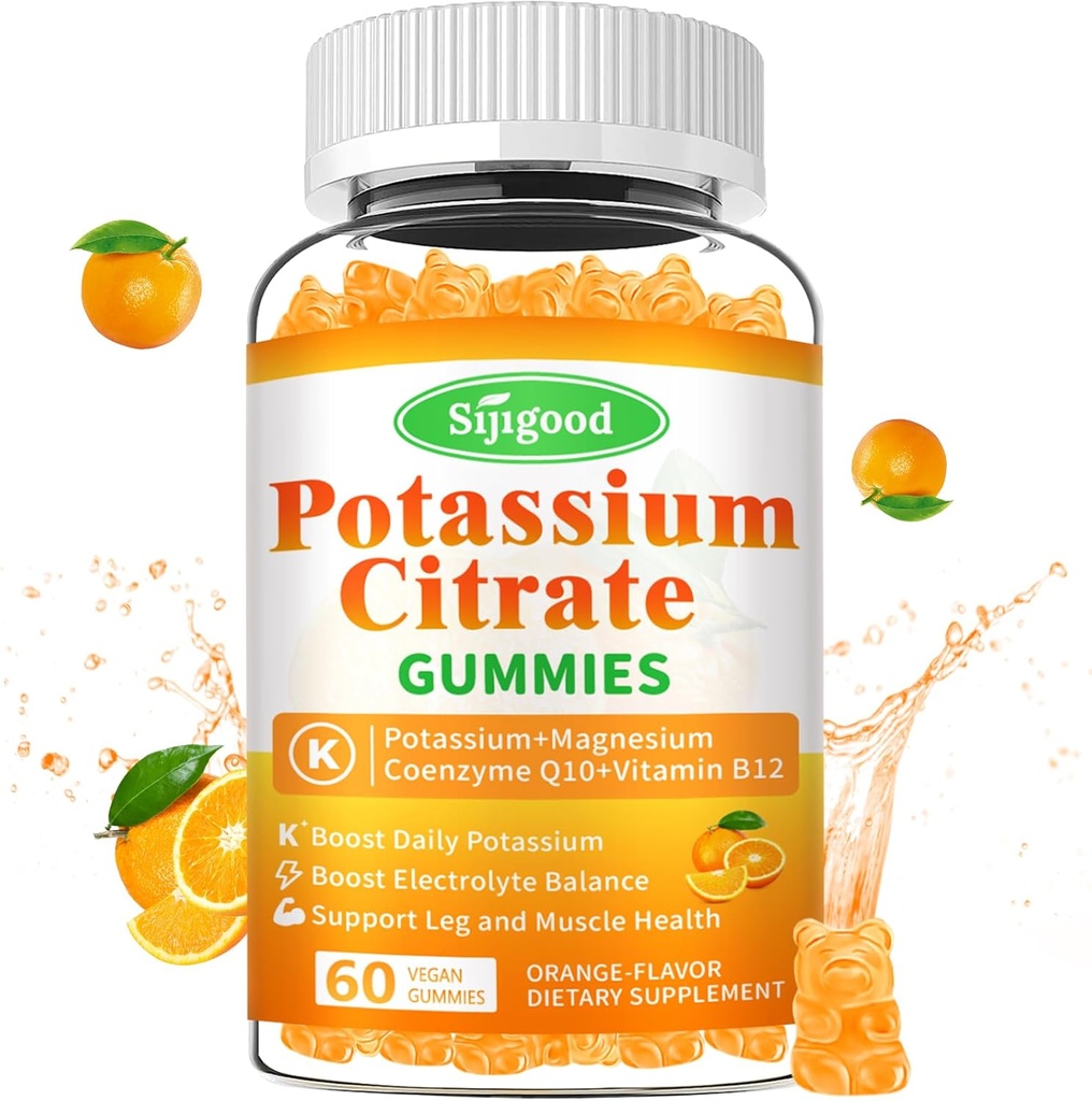 Gummie di citrato di potassio – Supplemento di potassio ad alta potenza per la salute del muscolo, sollievo della polpa di gambe, equilibrio di elettrolita – Vegan, non OGM, senza glutine, aroma d'arancia, 60 conte