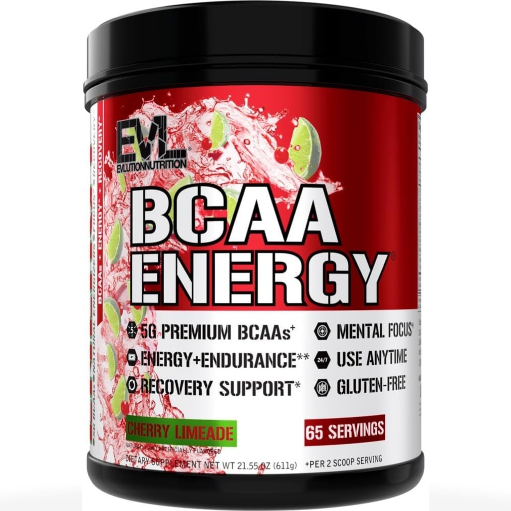 Evlution EVL BCAAs Aminoacidi Polvere - BCAA Energy Pre Workout Polvere per il recupero muscolare magra crescita e resistenza - Reidrating Post Workout Recovery Drink con caffeina naturale - Cherry Limeade
