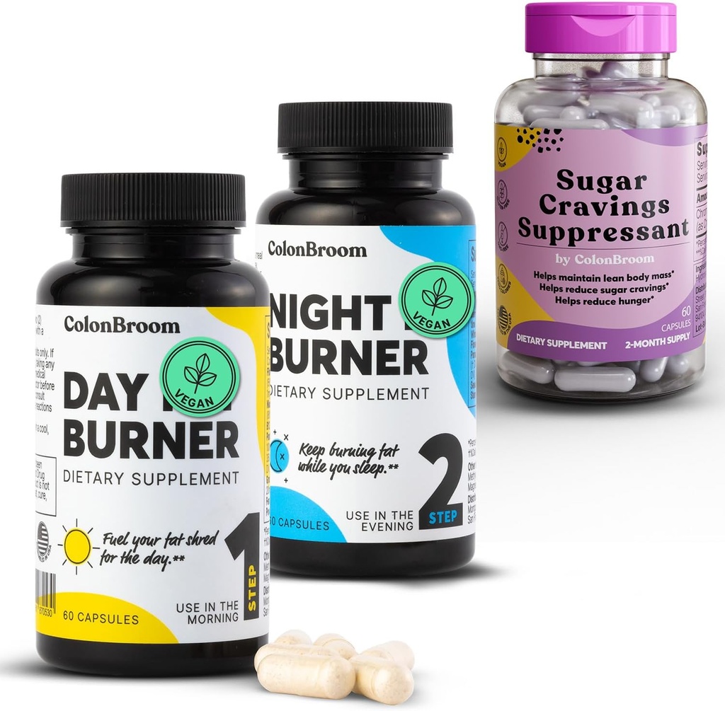 ColonBroom Day & Night Burner Supplements, Pillole di gestione del peso (60 Serve) + Zucchero Craving Suppressant - Cromo Picolinato 200mcg (60 Serve), 3 Articoli