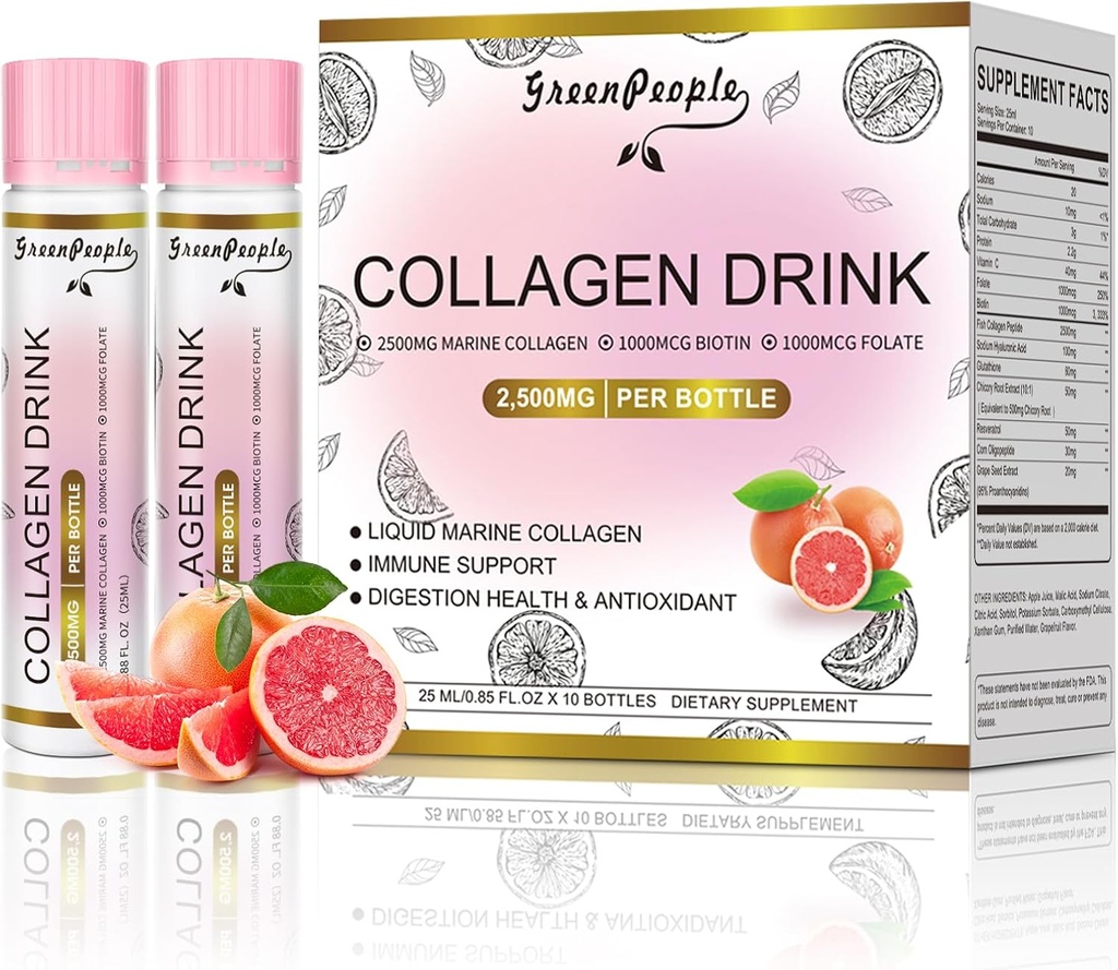 GREENPEOPLE Collage liquido per le donne e gli uomini, 2500mg Peptidi di collagene di pesce + Acido ialuronico + Vitamina Bs & C, Giunti per unghie della pelle dei capelli Supporto delle ossa (0.85 fl oz, 10 bottiglie, pompelmo)