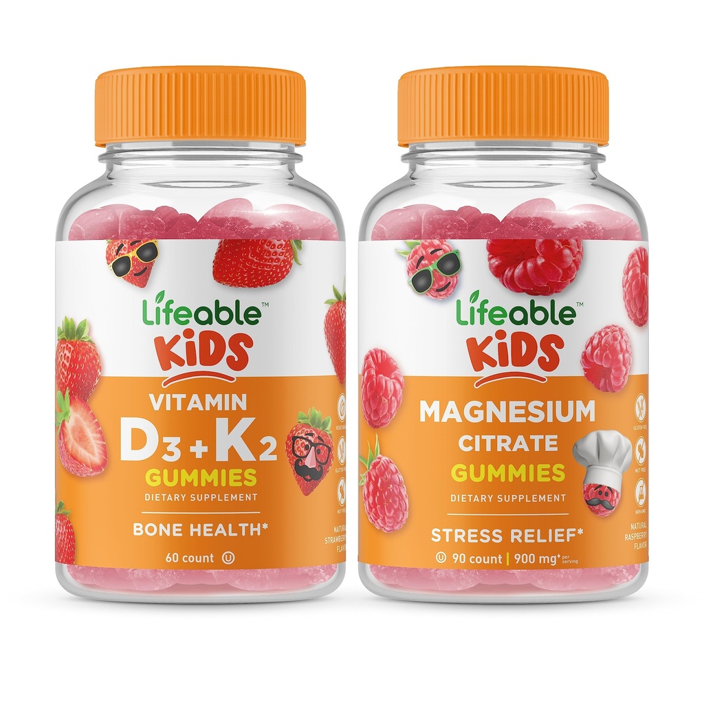 Vitamina vitale D3 + Vitamina K2 Bambini + Magnesio Bambini, Gummies Bundle - Grande degustazione, Supplemento di vitamina, Senza glutine, OGM libero, pancia masticabile