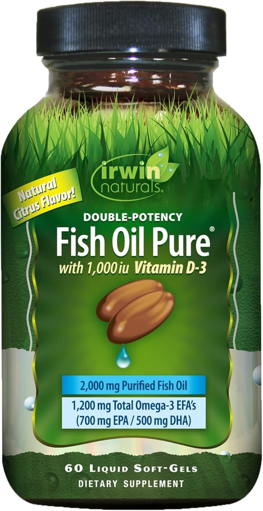 Olio di pesce a doppia potenza puro da Irwin Naturals, Citrus Flavor con vitamina D-3, 60 Liquid Soft-Gels