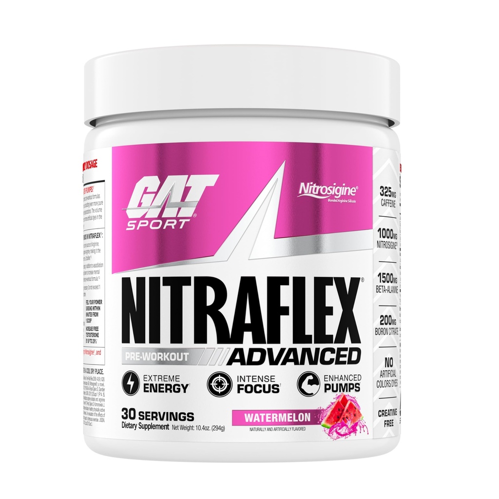 GAT SPORT Nitraflex Advanced Pre-Workout Powder, aumenta il flusso sanguigno, aumenta la resistenza e l'energia, migliora le prestazioni di esercizio, senza creatina (Watermelon, 30 Servings)