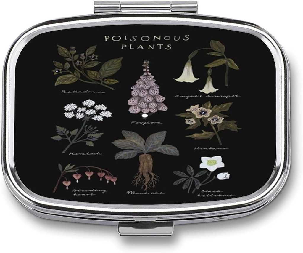 Metallo 2 Compartment Pill Organizer Travel Friendly Portable Compact Pill Box Cute Pill Case per tenere Vitamine, Olio di Fish,Supplements,Meds,Tablet for Purse,Pocket. (Poisonous Plants)