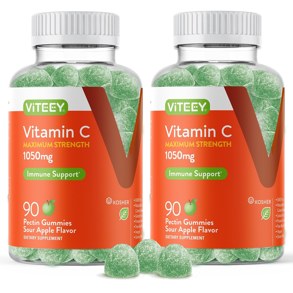 Viteey Chewable Vitamin C Gummies per adulti - 1050mg Massima resistenza Immune Supplemento di supporto - Vegan, Gluten Free - 180 Count