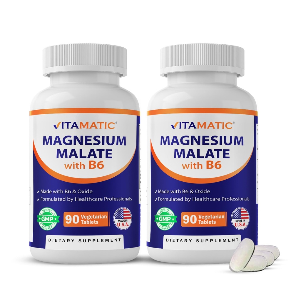 Vitamatic Magnesio Malato 2000mg per Serving - 90 compresse vegetariane - Aggiunto B6 per assorbimento massimo - Supporta muscolo, giunto e salute del cuore* (2 bottiglie, non aromatizzato)