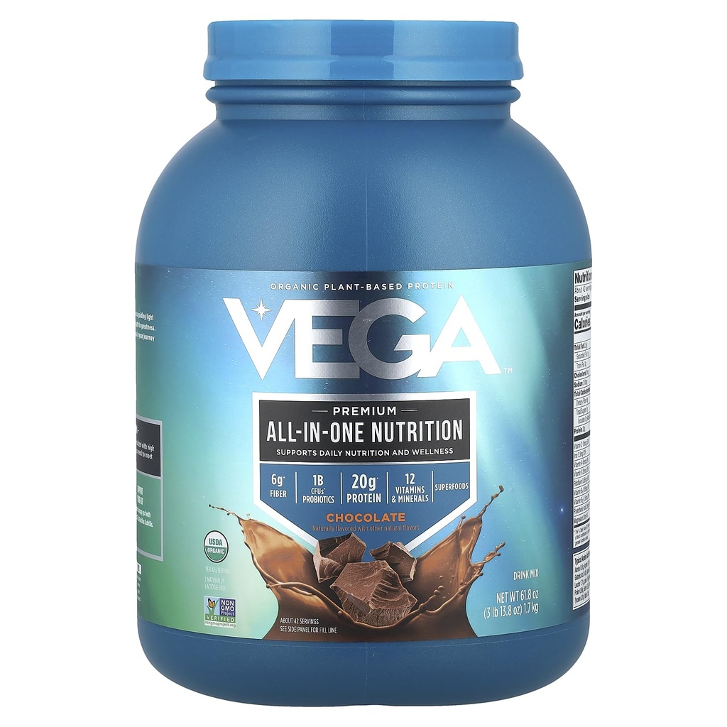 Vega Tutto in una nutrizione organica - 20g pianta-based Pea Protein, Cioccolato, 42 Serve, Vitamine A & C, Probiotici, Verdi, Vegan, Keto, Gluten Free, 61.8oz (Packaging May Vary)