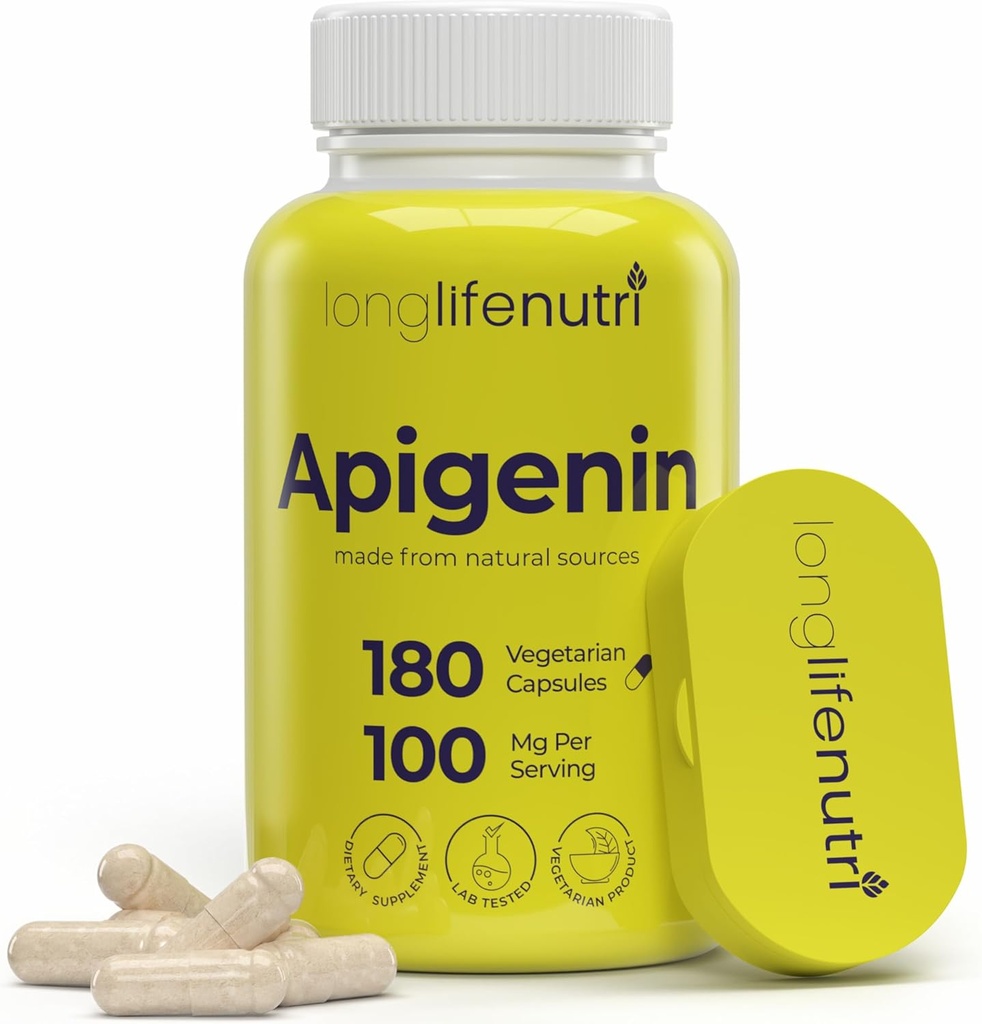 LongLifeNutri Apigenin 100mg – Bioflavonoide naturale da Estratto di camomilla, 180 Capsule Vegetariani, Supplemento per il sonno, Mood, & Relax, Alimentazione 6-Month, Certificato GMP, Made in USA