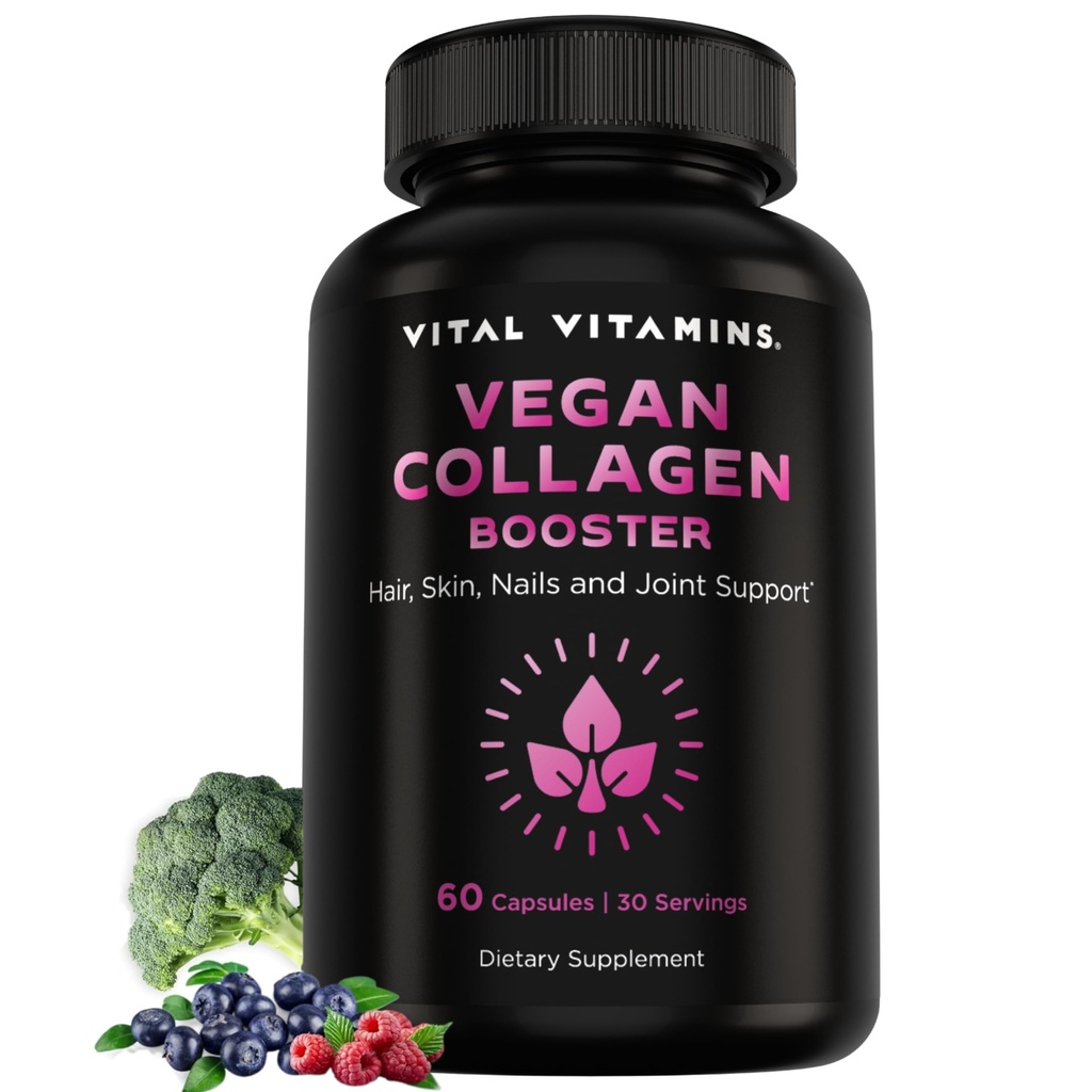 Vital Vitamins Vegan Collagen Booster - con acido silice e ialuronico - Integratori di collagene a base vegetale - Supporta capelli, pelle, unghie e giunti - 60 capsule