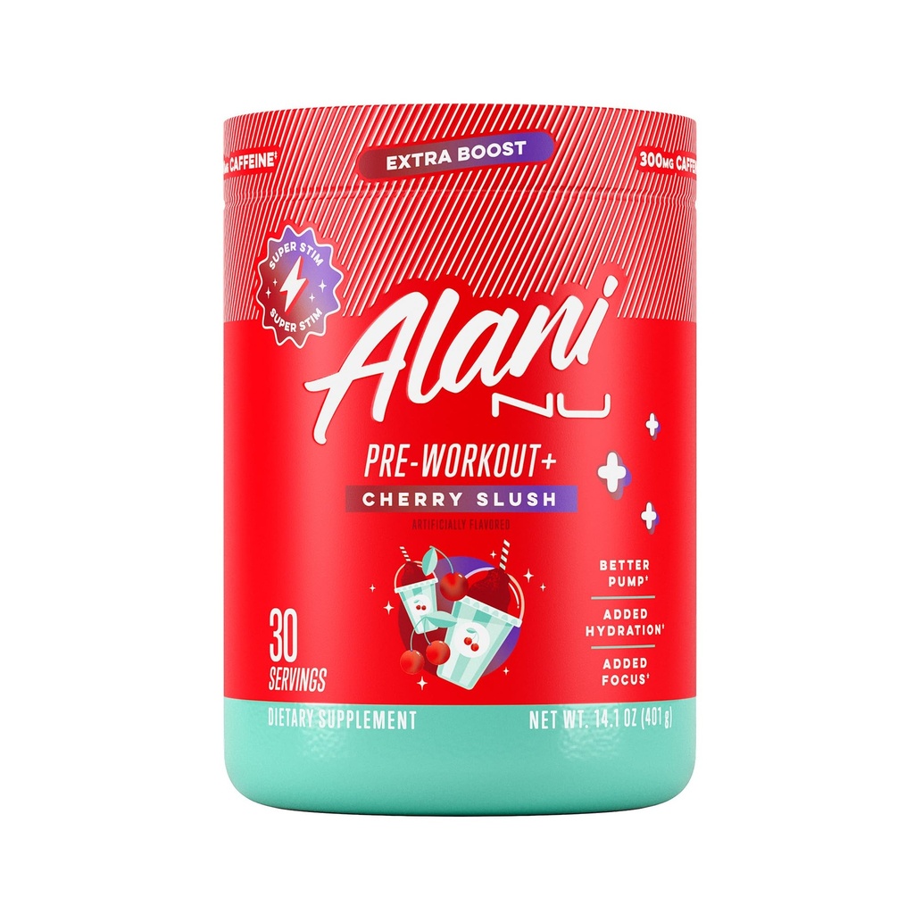 Alani Nu Pre Workout+ Polvere Ciliegia Slush, Extra Boost, Sugar Free, 300mg Caffeina, L-teanina, Beta-Alanine, Citrulline, 30 Serve
