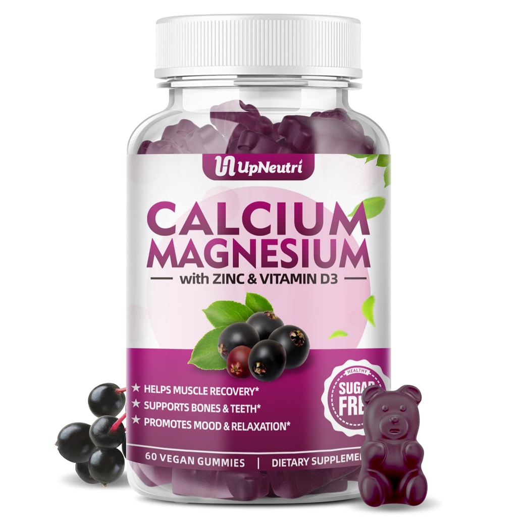 Calcio Magnesio Zinco con vitamina D3 Supplemento, Zucchero Gratuito Calcium Gummies per Donne Uomini, Alte Assorbimento Zinco Gummies per Bone & Muscolo e Salute Immune, Vegan Elderberry Flavor - 60 Conte