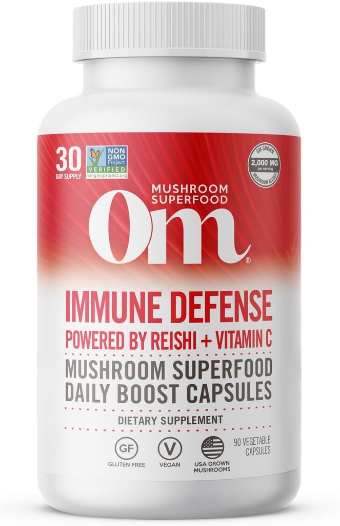 Om Mushroom Superfood Difesa Immune capsule di funghi Supplemento Superfood, 90 Conte, 30 Giorni, Miscela di funghi, Reishi, Tail Turchia, Maitake, Agaricus Blazei, Vitamina C, Vegan