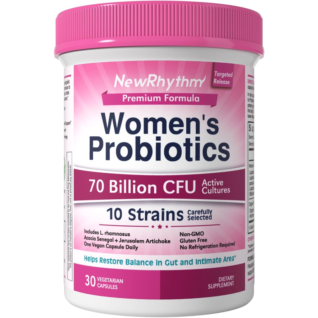 Probiotici per le donne di NewRhythm, Prebiotici organici, 70 miliardi di CFU 10 Strains, Probiotici vaginali per la salute urinaria e digestiva, 30 capsule vegane, senza Bloating