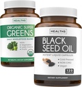 Super Greens & Black Seed (2-Month Supply) Greens Oil Synergy Bundle of Organic Super Greens Powder - Superfood completo (120 capsule) & Black Seed Oil - Nigeilla Sativa a freddo (120 caps)