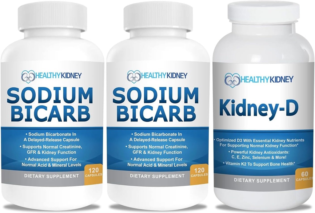 Sodio Bicarbonato 650mg Capsule per Acid Relief, Alkalinity 120 Pills 2-Pack + Kidney-D Kidney Supplement. Vitamina D Ottimizzata per il supporto renale.