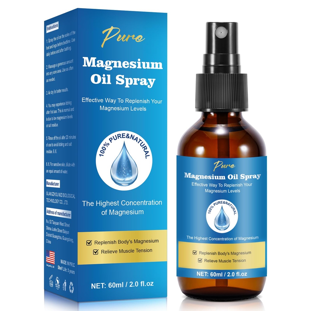 Spruzzo di olio di magnesio puro, spray di magnesio, olio di magnesio per piedi, bottiglia di vetro di magnesio, 2 fl oz/60ml, facile da assorbire e utilizzare