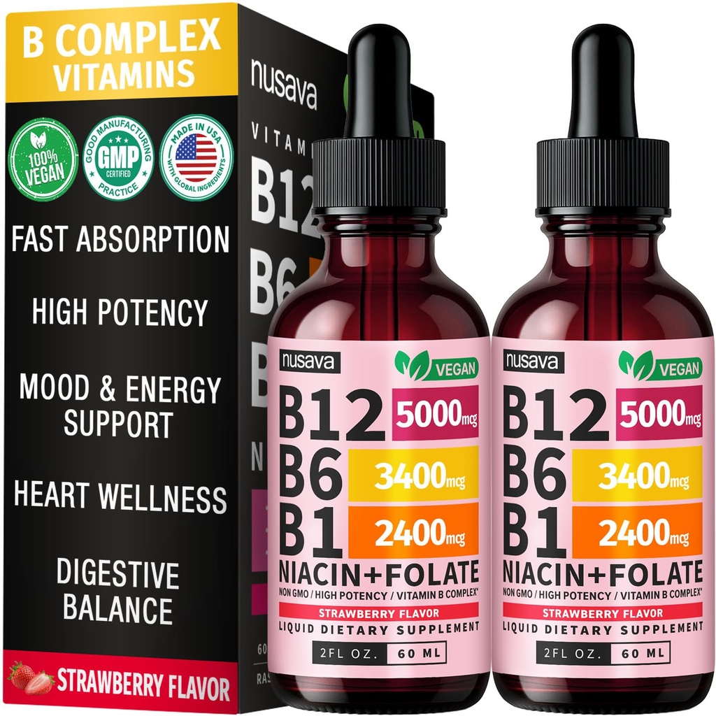 (2 Pack) Vitamina B12 e B6 Gocce liquide, B12 Complesso di vitamina B sublinguale - B 12 Vitamin 5000mcg - B12 Methylcobalamin per energia, cervello e supporto cardiaco con 27.200 mcg, fragola, 80 Serve