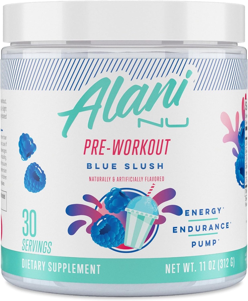 Alani Nu Pre Workout Polvere Blue Slush, Amino Energy Boost, Endurance Supplement, Sugar Free, 200 mg di caffeina, L-teanina, Beta-Alanine, L-Citrulline, 30 Serve