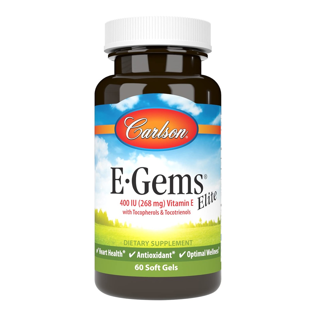 Carlson - E-Gems Elite, 400 IU Vitamin E con Tocopherols & Tocotrienols, Heart Health & Optimal Wellness, Antiossidante, 60 gel morbidi