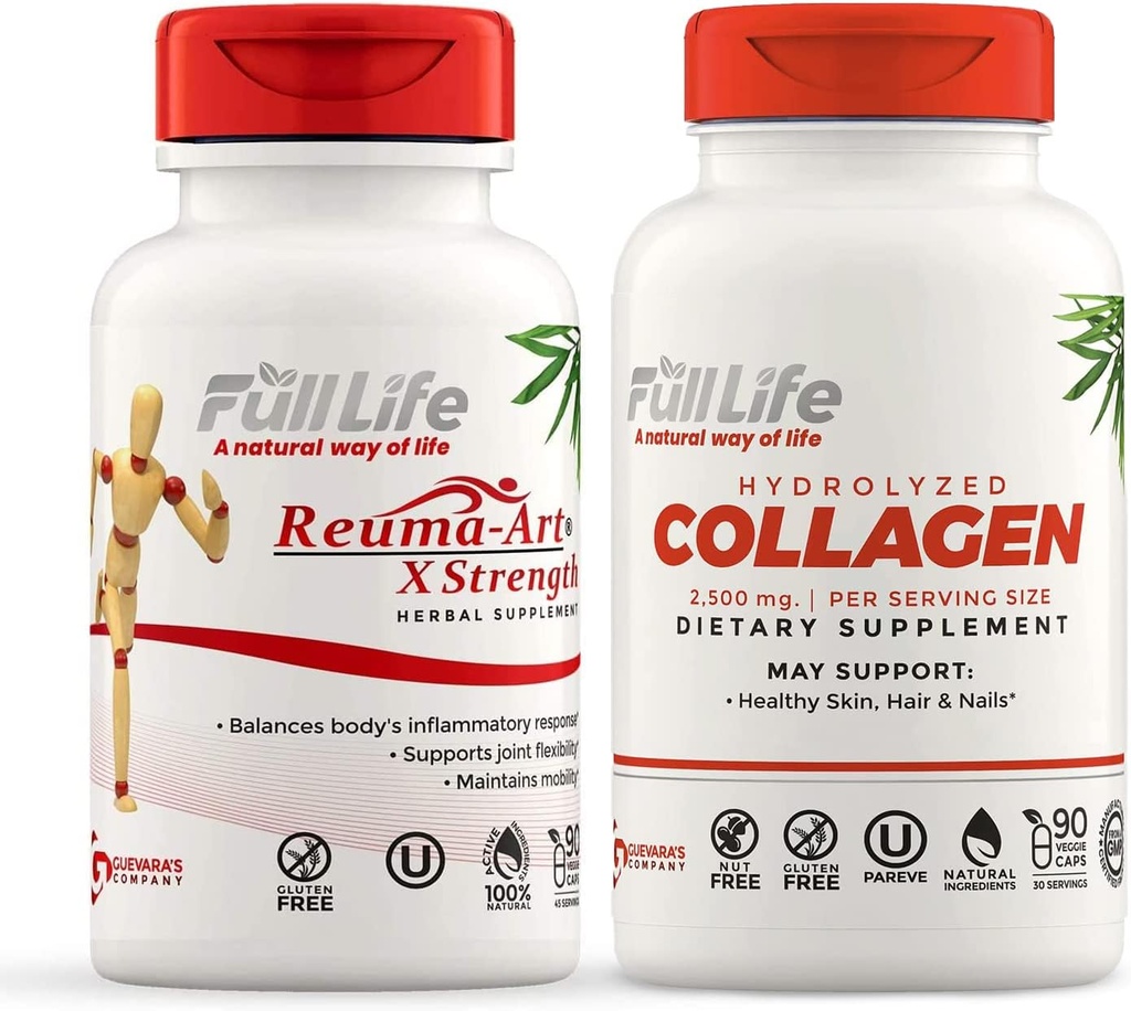 Full Life Reuma-Art X Strength and Hydrolyzed Collagen - Joint Support Supplement - Bovine Collagen Pills - Kosher, Gluten-Free - 90 Veggie Capsule Ogni