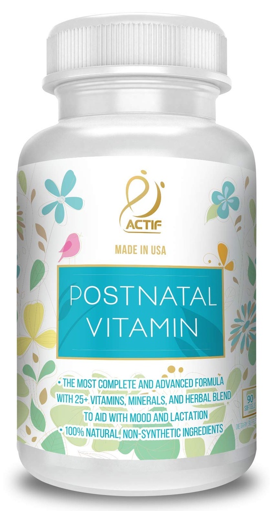Vitamina postnatale ACTIF con 25+ Vitamine organiche e erbe organiche, Supplemento per l'allattamento e lattazione, Supporta lo sviluppo del cervello del bambino, Non OGM, Made in USA, 90 Count