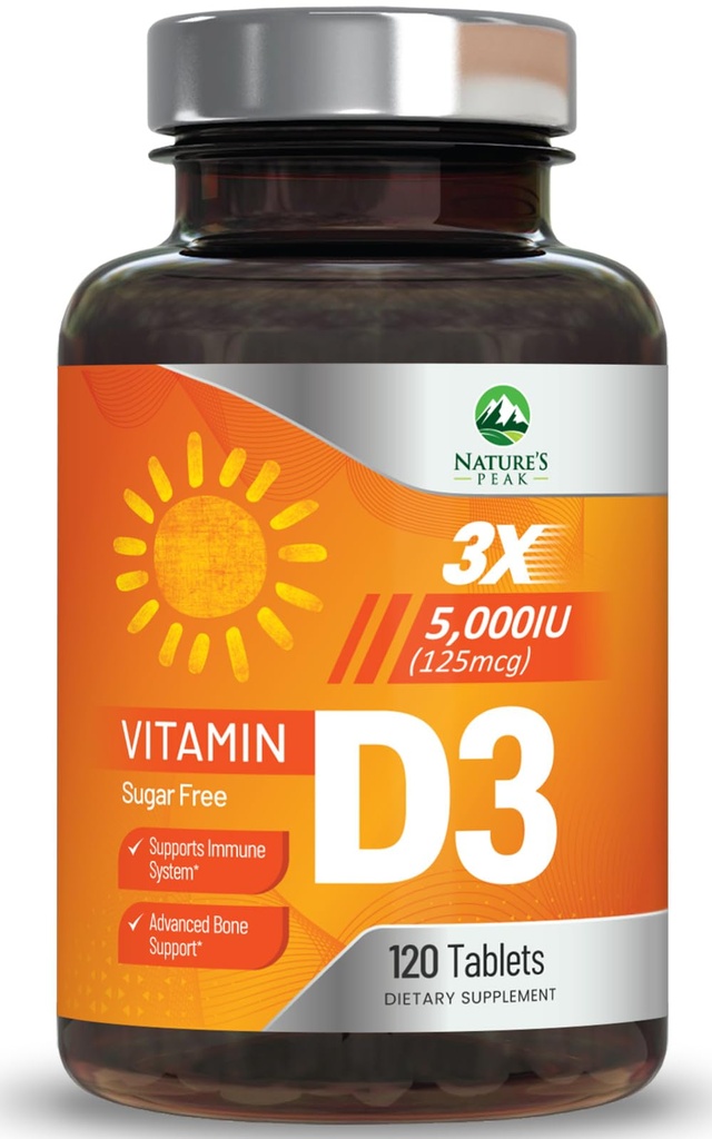 Vitamina D3 5000iu (125 mcg) Supporto per la salute immunitaria - Integratore alimentare di vitamina D ad alta potenza per ossa, denti, muscolo - VIT D della natura, vegano, senza glutine, aroma di lampone - 120 compresse masticabili